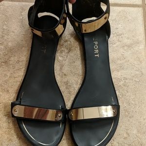 Report black and gold flat sandals